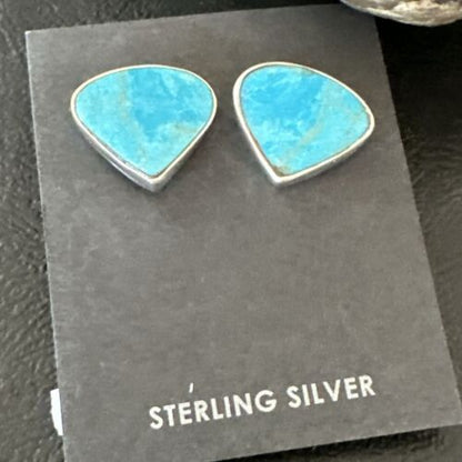 Navajo Blue Kingman Turquoise Post Stud Earrings | Sterling Silver | Authentic Native American Handmade | 17482
