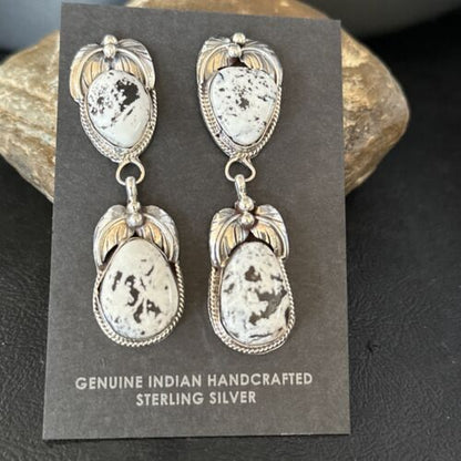 Navajo White Buffalo Turquoise Dangle Earrings | Sterling Silver | 2.5" | Authentic Native American Handmade | 14741