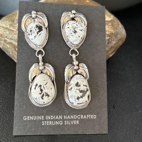 Navajo White Buffalo Turquoise Dangle Earrings | Sterling Silver | 2.5" | Authentic Native American Handmade | 14741