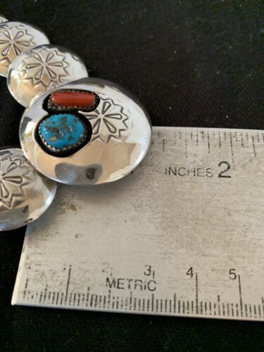 Navajo Coral Turquoise Necklace | Graduated Sterling Silver Pillow Stamped | 15635