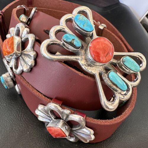 Men's Turquoise Spiny Oyster Concho Belt | Sterling Silver Navajo Tufa | Authentic Native American Handmade | 16680