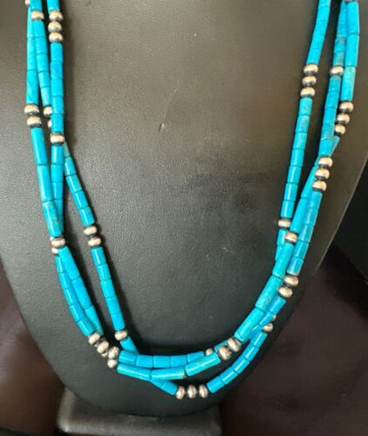 Navajo Blue Turquoise Tube Necklace | Sterling Silver | 22" | Authentic Native American Handmade | 17553