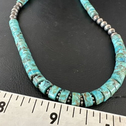 Navajo Blue Turquoise Heishi Bead Necklace | Sterling Silver | 21" | Authentic Native American Handmade | 17257