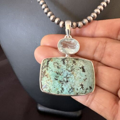 Navajo Dry Creek Turquoise Topaz Pendant Necklace | Sterling Silver | Authentic Native American Handmade | 16446