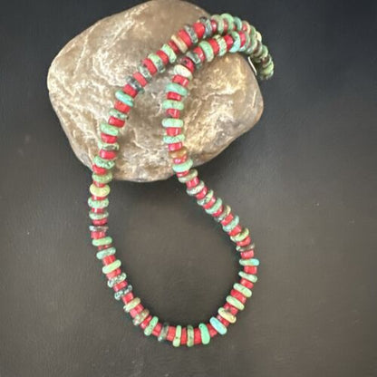 Navajo Green Turquoise and Round Coral Necklace | Sterling Silver | 18" | Authentic Native American Handmade | 17580 - Masha USA