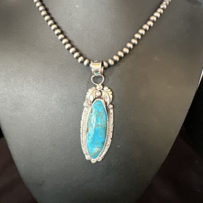 Navajo Kingman Turquoise Pendant Necklace | Sterling Silver Pearls | Authentic Native American Handmade | 15219