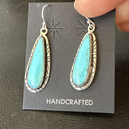 Navajo Blue Turquoise Dangle Earrings | Sterling Silver | Authentic Native American Handmade | 16511