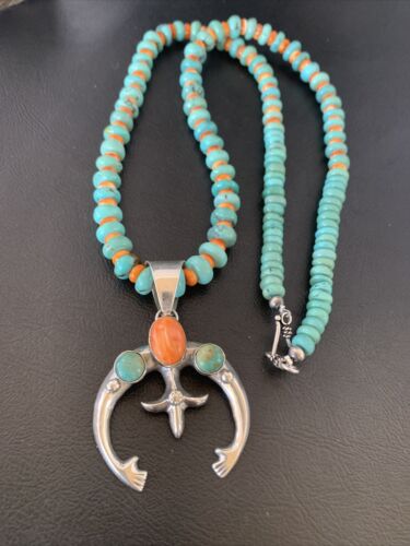 Navajo Pearls Necklace with Blue Turquoise & Spiny Oyster Naja Pendant | Sterling Silver | 10261