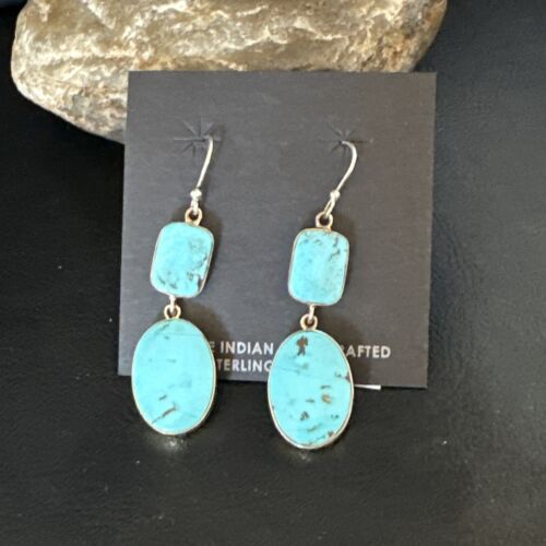 Navajo Blue Kingman Turquoise Dangle Earrings | Sterling Silver | Authentic Native American Handmade | 15117