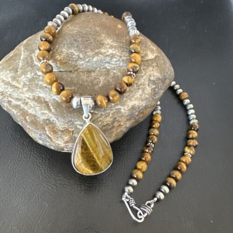 Coffee Brown Tigers Eye Sterling Silver Pendant Necklace Southwestern 15864