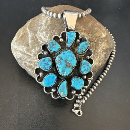 Navajo Blue Kingman Turquoise Cluster Pendant | Sterling Silver | 3" | Authentic Native American Handmade | 17417