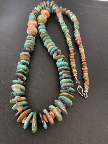 Navajo Sterling Silver Necklace | Green Turquoise & Spiny Oyster | Graduated | Authentic Native American | 32" | 02044