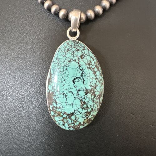 Men's Navajo Blue Spiderweb Turquoise Pendant Necklace | Sterling Silver | Authentic Native American Handmade | 16194