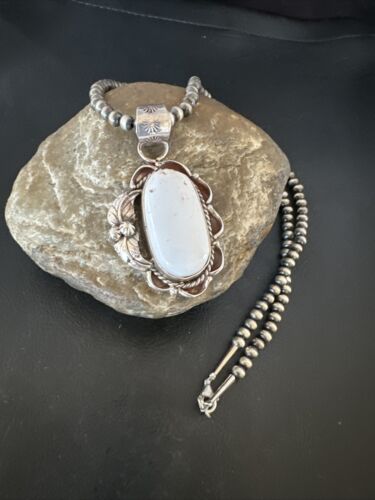 Navajo White Buffalo Turquoise Pendant Necklace | Sterling Silver | Authentic Native American Handmade | 15615