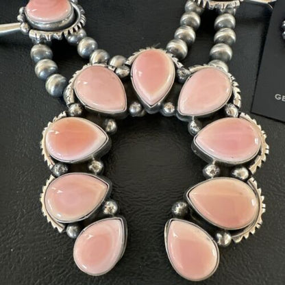 Navajo Pink Conch Squash Blossom Necklace with Naja Pendant | Authentic Native American Handmade | 17441