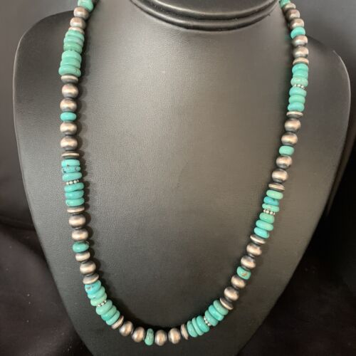 Navajo Pearls Blue Turquoise Necklace | Sterling Silver | Men's Women's | Authentic Native American Handmade | 20" | 13416