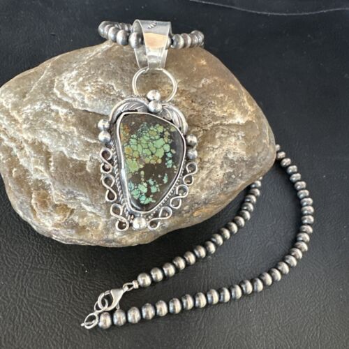 Navajo Green Spiderweb Turquoise Pendant Necklace | Sterling Silver | Native American Handmade | 15100