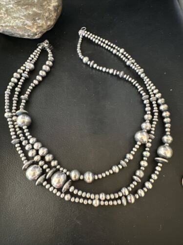 Navajo Pearls Mixed Bead Bib Necklace | Sterling Silver | 3-Strand | 20" | Authentic Native American Handmade | 14954