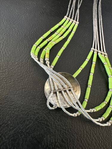 Navajo Green Gaspeite Heishi Concha Necklace | 5 Strand Liquid Sterling Silver | 20" | 15872