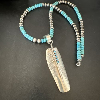 Men's Feather Turquoise Pendant | Navajo Sterling Silver Necklace 21" | Multi-Stone | 17445