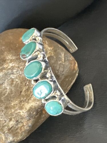 Women's Blue Turquoise 5-Stone Cuff Bracelet | Navajo Sterling Silver | Authentic Native American Jewelry | 16279