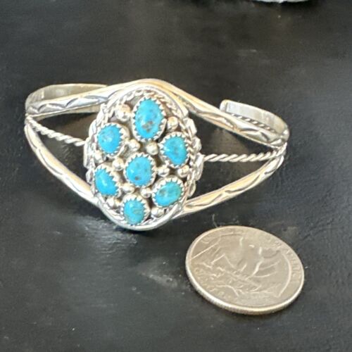 Navajo Blue Turquoise Cluster Bracelet | Sterling Silver | Authentic Native American Handmade | 15069