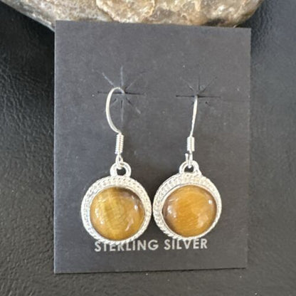 Southwestern Navajo Coffee Tiger's Eye Dangle Earrings | Sterling Silver | Authentic Native American Handmade | 16964