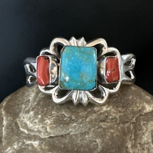 Kingman Turquoise Coral Cuff Bracelet | Navajo Tufa Cast | Sterling Silver | Authentic Native American Handmade | 16779