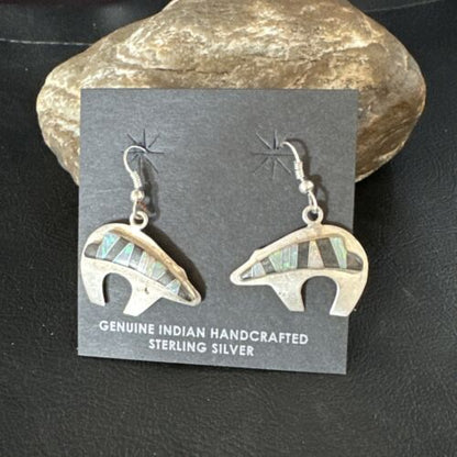 Navajo Onyx White Opal Inlay Dangle Earrings | Sterling Silver | Authentic Native American Handmade | 15352