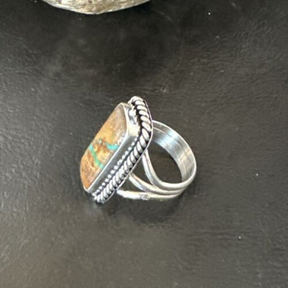 Navajo Ribbon Boulder Green Turquoise Ring | Sterling Silver | Sz 8 | Authentic Native American Handmade | 16384