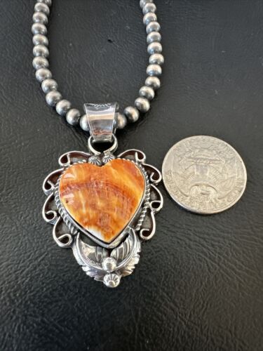 Navajo Orange Spiny Oyster Heart Pendant Necklace | Sterling Silver | Authentic Native American Handmade | 16418