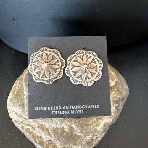 Navajo Sterling Silver Stamped Round Earrings | Authentic Native American Handmade | 15937