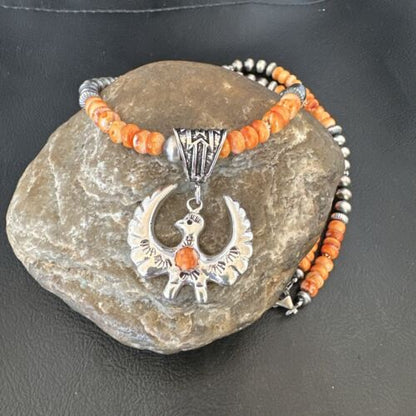 Navajo Thunderbird Orange Spiny Oyster Pendant Necklace | Sterling Silver | Authentic Native American Handmade | 16852