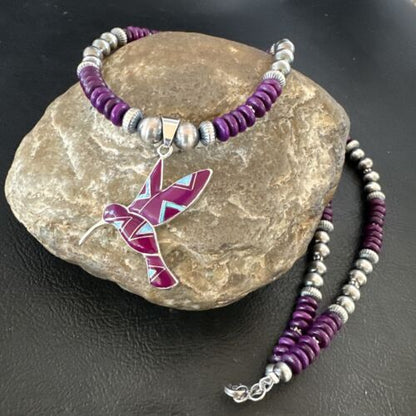 Navajo Hummingbird Purple Sugilite Inlay Pendant Necklace | Sterling Silver Inlay | Authentic Native American Handmade | 16762