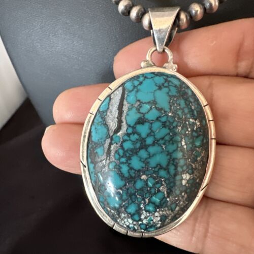 Men's Navajo Blue Spiderweb Turquoise Pendant Necklace | Sterling Silver | Authentic Native American Handmade | 16193