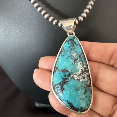 Men's Navajo Blue Spiderweb Turquoise Pendant Necklace | Sterling Silver | Authentic Native American Handmade | 16206
