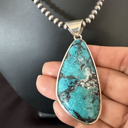 Men's Navajo Blue Spiderweb Turquoise Pendant Necklace | Sterling Silver | Authentic Native American Handmade | 16206