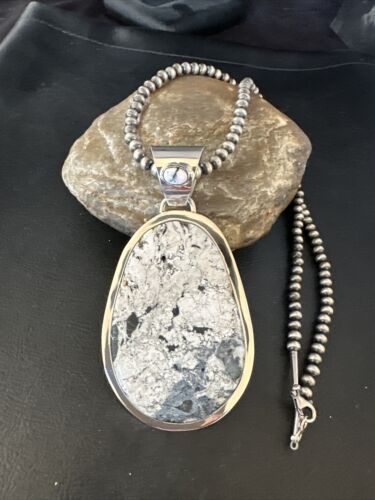 Navajo White Buffalo Turquoise Pendant Necklace | Sterling Silver | Authentic Native American Handmade | 14991
