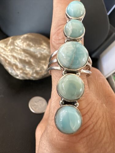 Navajo Blue Larimar Cluster Ring | Authentic Native American Sterling Silver | Multi-Stone | Sz 10.5 | 15941