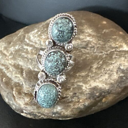 Navajo Blue Spiderweb Turquoise Cluster Ring | Authentic Native American Sterling Silver | Multi-Stone | Sz 9 | 16704