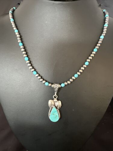Navajo Pearls Kingman Turquoise Pendant Necklace | Sterling Silver | Authentic Native American Handmade | 14892