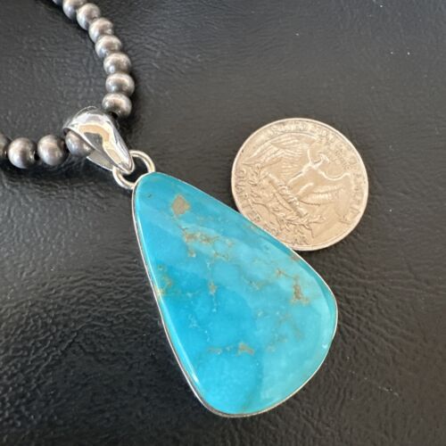Navajo Blue Kingman Turquoise Pendant Necklace | Sterling Silver | 20" | Authentic Native American Handmade | 16724 - Masha USA