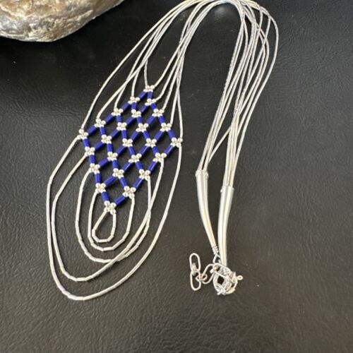Crisscross Blue Lapis Heishi Necklace | 5 Strand Liquid Sterling Silver | 22" | 15882