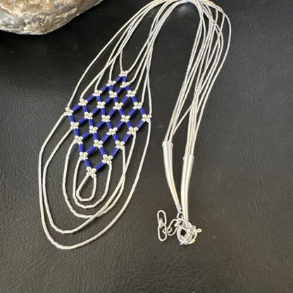 Crisscross Blue Lapis Heishi Necklace | 5 Strand Liquid Sterling Silver | 22" | 15882