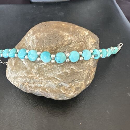 Women's Blue Turquoise Bead Bracelet | Southwestern Sterling Silver Link | 8" | 17233