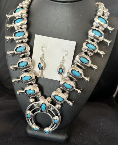 Navajo Turquoise Shadowbox Squash Blossom Necklace & Earrings | Sterling Silver | 16542