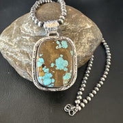 Navajo Blue Turquoise #8 Pendant | Sterling Silver Necklace with Pearls | Authentic Native American Handmade | 16350