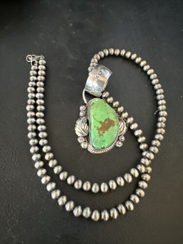 Navajo Green Gaspeite Pendant Necklace | Sterling Silver | Authentic Native American Handmade | 14998