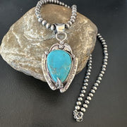 Navajo Blue Turquoise Pendant Necklace | Sterling Silver Pearls | Authentic Native American Handmade | 15646