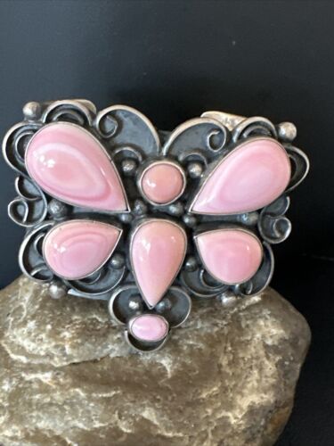 Navajo Butterfly Pink Conch Cuff Bracelet | Sterling Silver | Authentic Native American Handmade